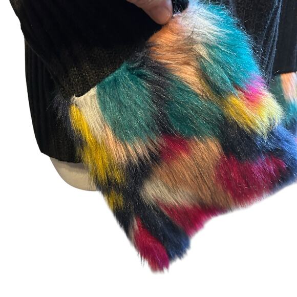 Say What? Sweater Black SZ Med Faux Colorful Fur at Cuffs Grunge Y2K Whimsygoth - Picture 5 of 8